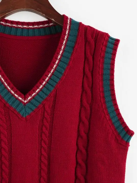 Cable Knit Colorblock V Neck Sweater Vest