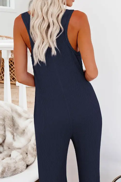 Fashion Casual Solid Sleeveless Buttons Pockets Slim Jumpsuit