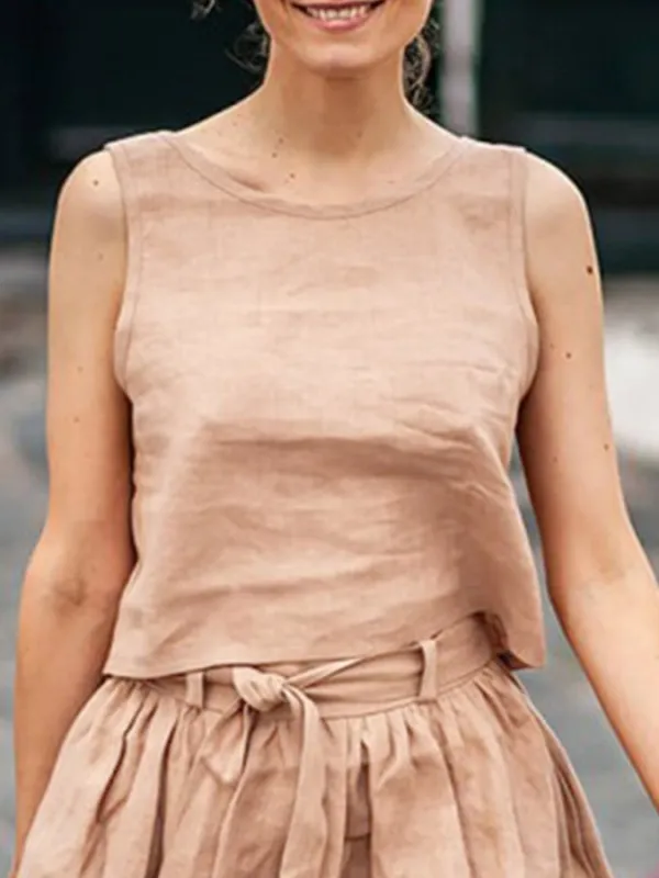 Ladies Cotton Linen Sleeveless Simple Shirt