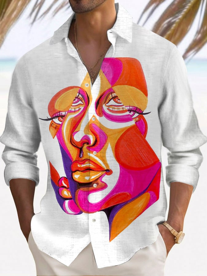Abstract Face Print Men's Lapel Long Sleeve Shirt