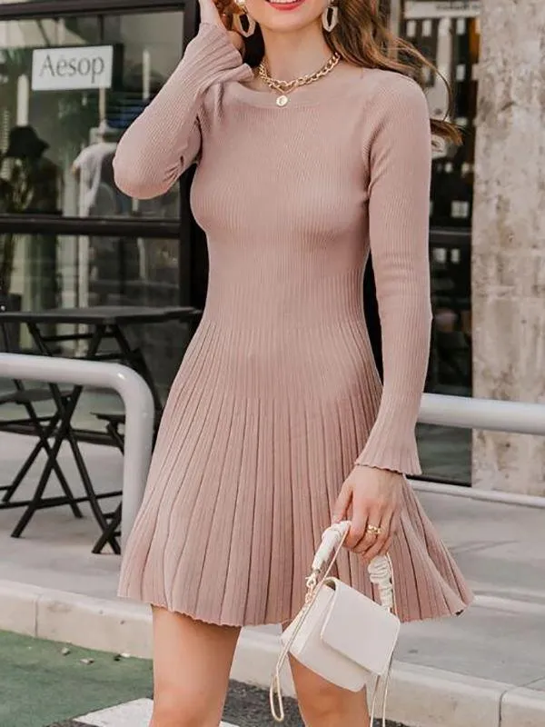 Boat Neck Ribbed Knit Sweater Dress Without Belt