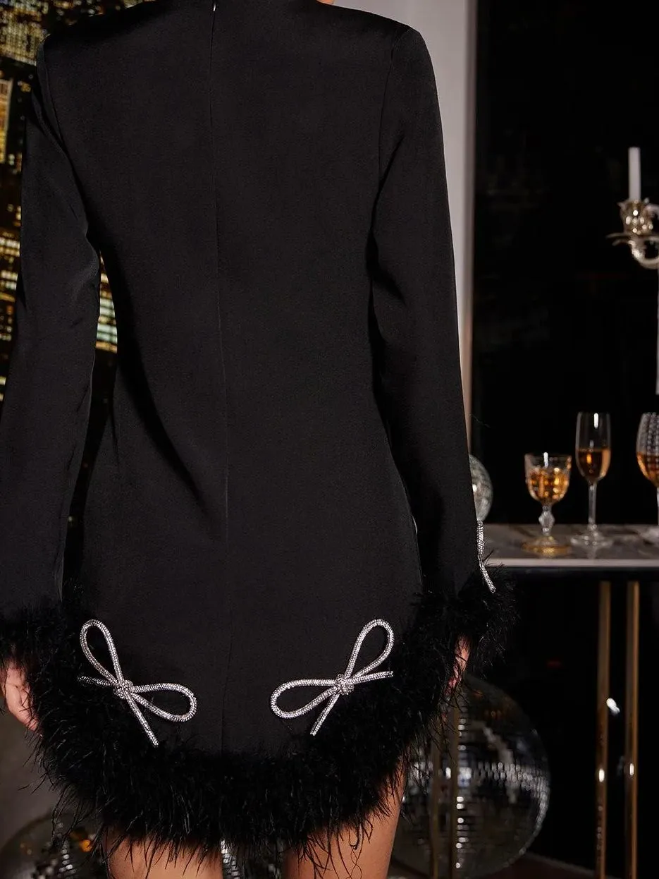 Koko Long Sleeve Bow Crystal Feather Dress