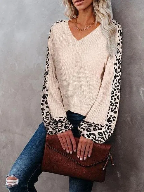 Women Leopard Splicing Knit Sweater