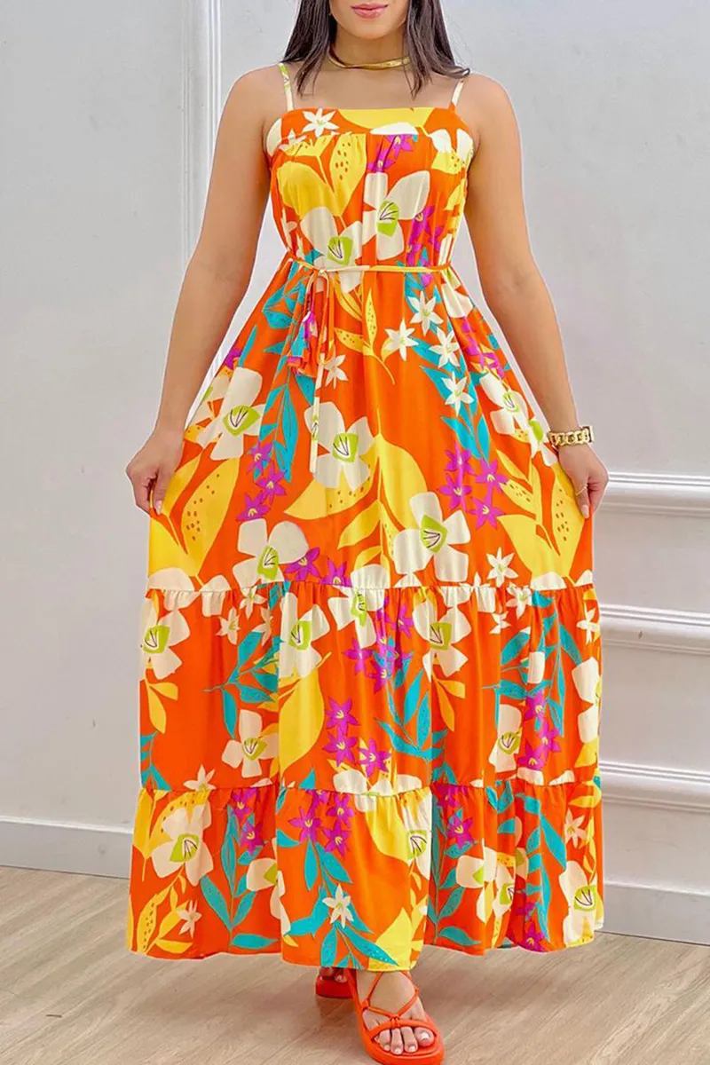 Floral Print Belted Ruffle Hem Cami Maxi Dress