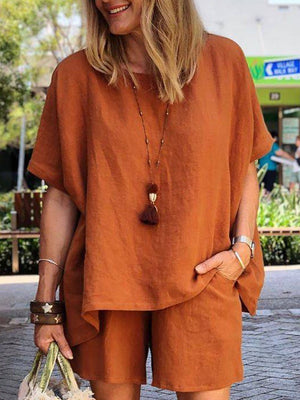Solid Color Cotton And Linen Round Neck Loose Short-sleeved Shorts Suit