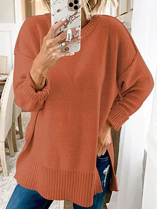 Women's Sweaters Loose Round Neck Long Sleeve Side Slit Sweater