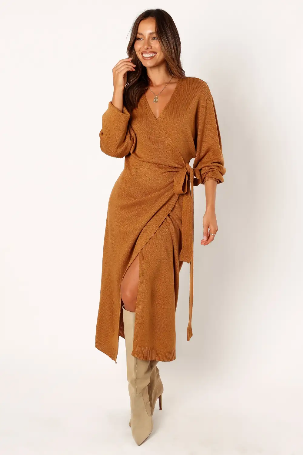 Nova Wrap Knit Midi Dress - Camel