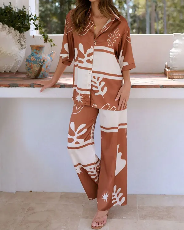 Lapel casual printed two-piece set
