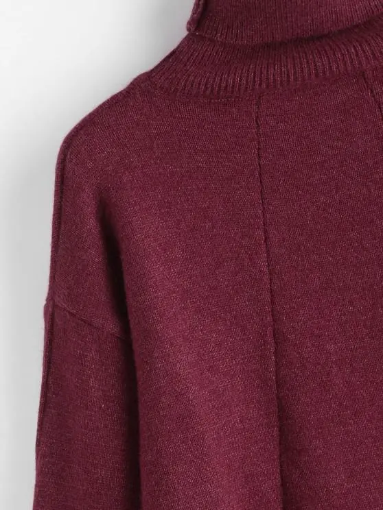 Turtleneck M-slit Drop Shoulder Cuffed Sleeve Sweater