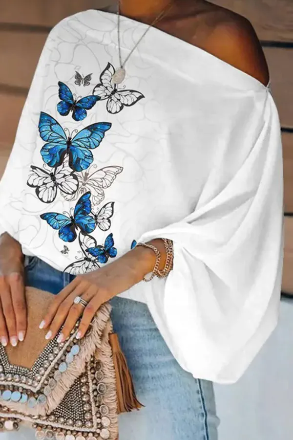 White Red Fashion Casual Print Patchwork Off the Shoulder Tops