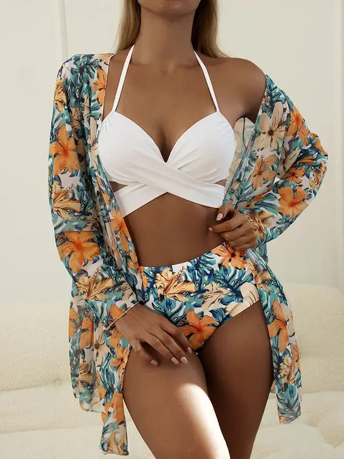 Sexy printed three-piece bikini sunscreen swimsuit cover-up