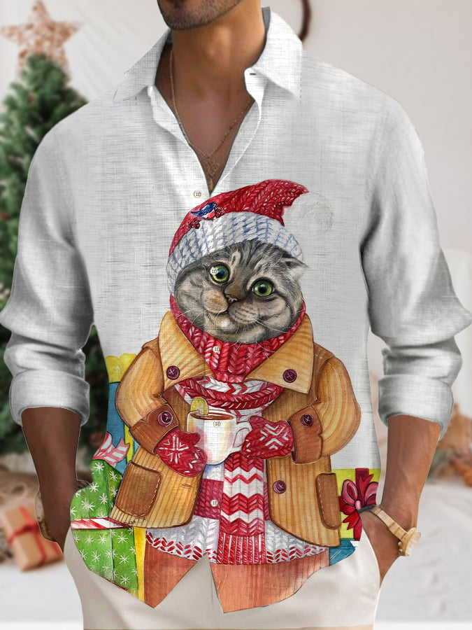 Men's Casual Christmas Cat Print Shirt