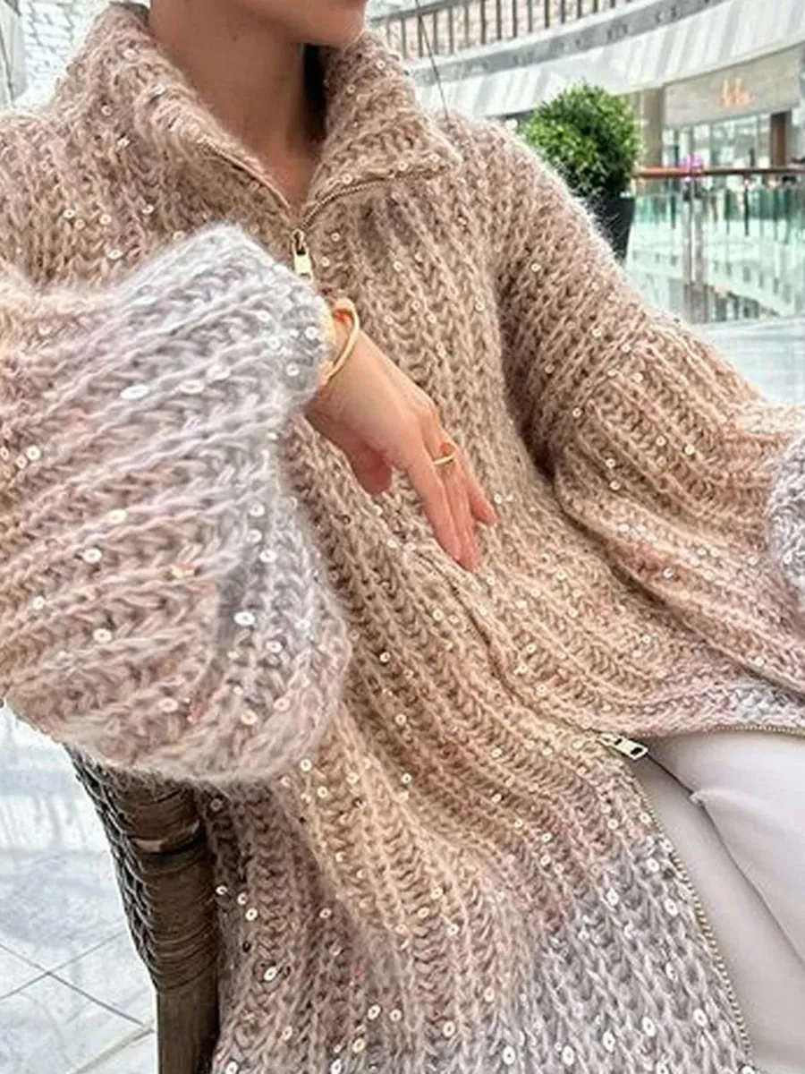 Xiaoxiangfeng Sequin V-neck Lantern Sleeve Sweater Coat