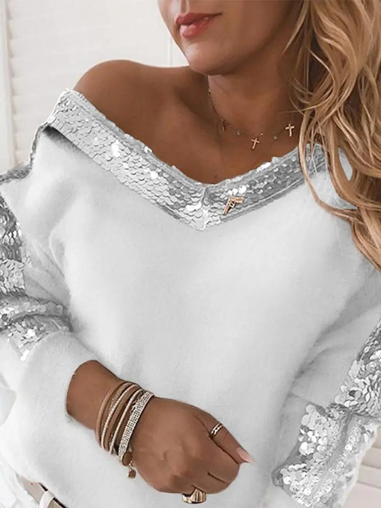 Women's Sweaters Sequin Stitching V-Neck Long Sleeve Sweaters