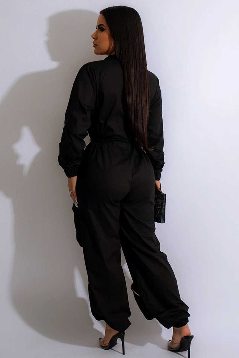 Deep V Zipper Neck Long Sleeve Drawstring Pocket Trousers Casual Jumpsuit