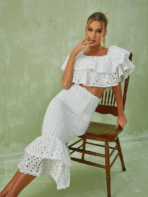 Wisteria Ruffle Off Shoulder Hollow Set In White