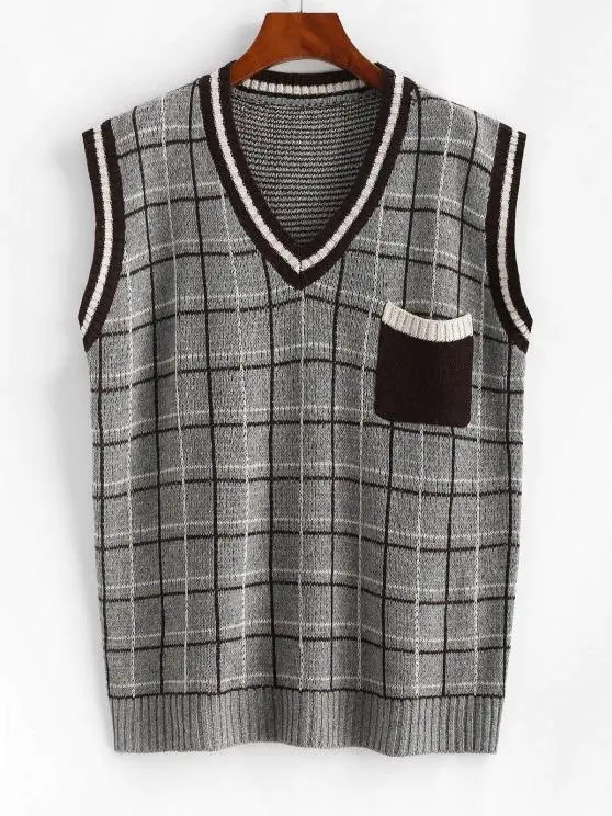 Plaid Front Pocket Striped Trim Sweater Vest