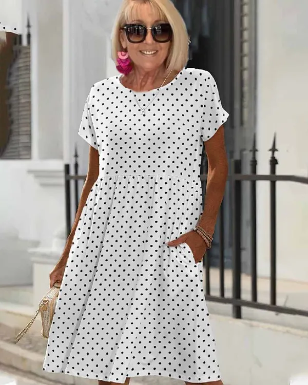 Polka Dot round Neck Short Sleeve Casual Four-Sided Stretch Dress