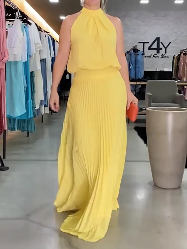 Pleated Solid Color Loose Sleeveless Round-Neck Maxi Dresses