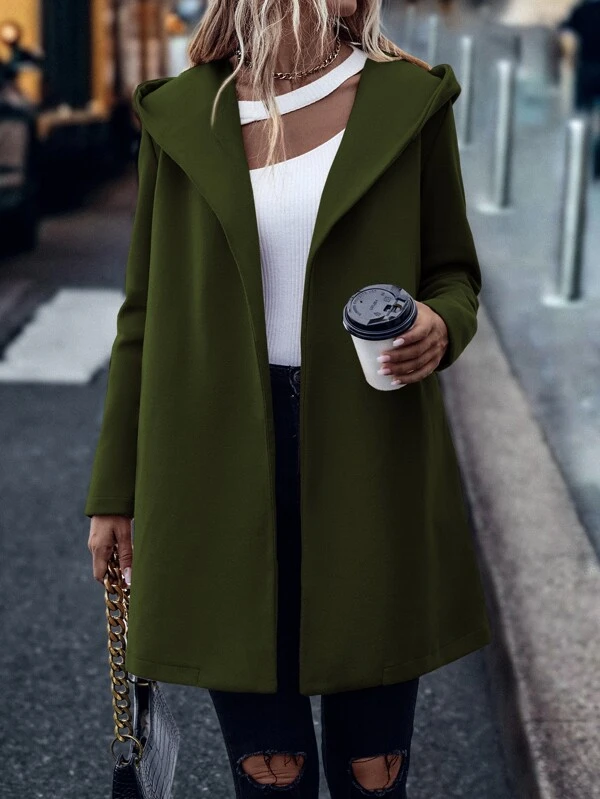 Solid Open Front Hooded Belted Overcoat