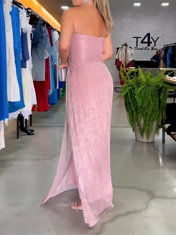 Twist Solid Color Split-Side Bandeau Maxi Dresses