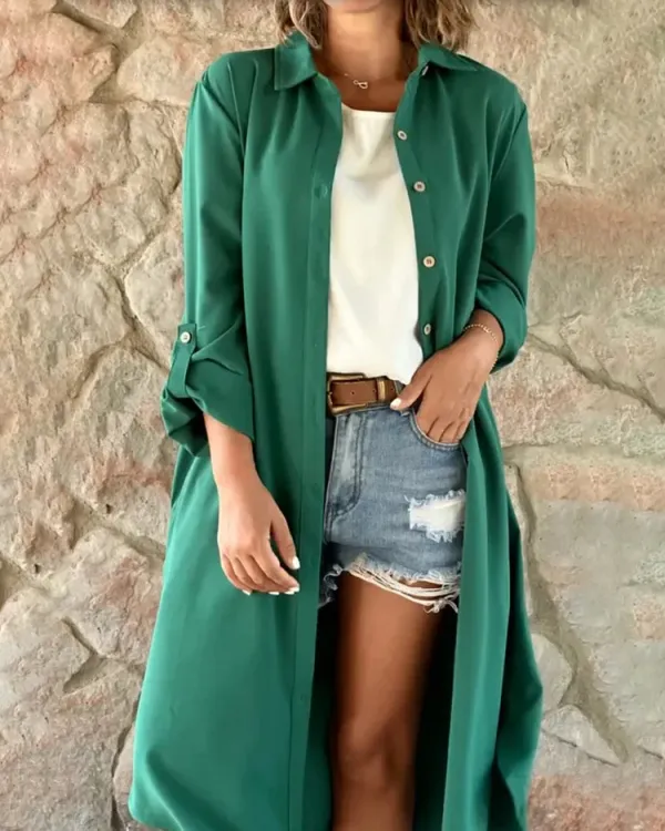 Solid Color Loose Casual Lapel Long Button Cardigan