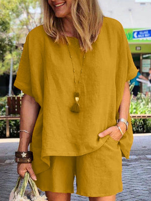 Solid Color Cotton And Linen Round Neck Loose Short-sleeved Shorts Suit