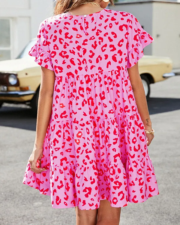 Casual Leopard Print Floral Round Neck Loose Dress