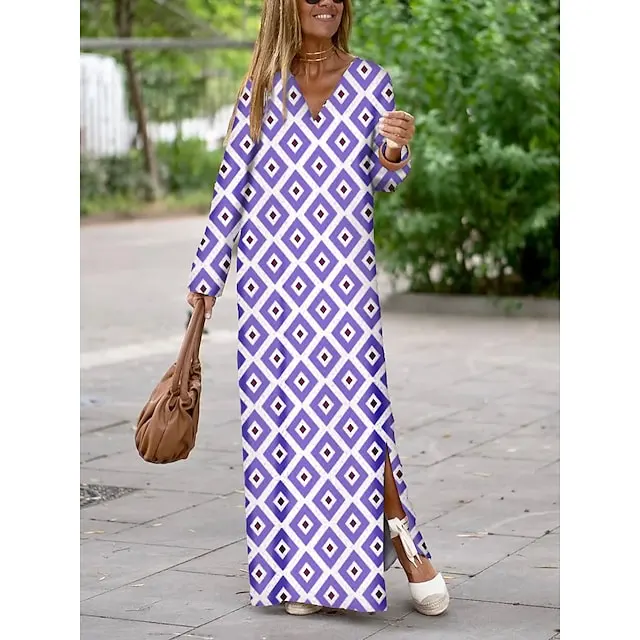 Women's Casual Satin Dress Print Street Fashion Geometric Split Print Outdoor Daily Vacation V Neck Long Sleeve Dress