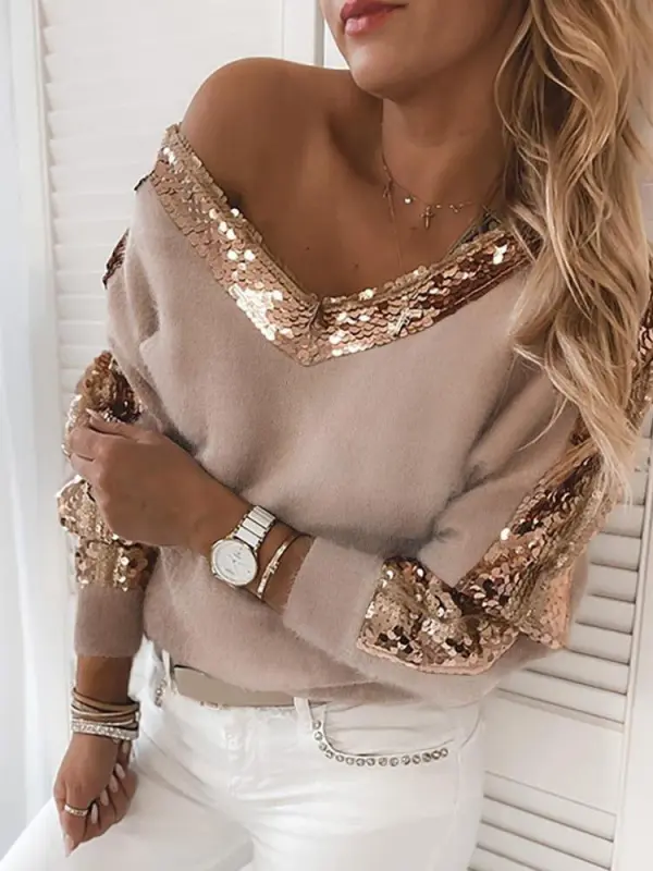 Women's Sweaters Sequin Stitching V-Neck Long Sleeve Sweaters