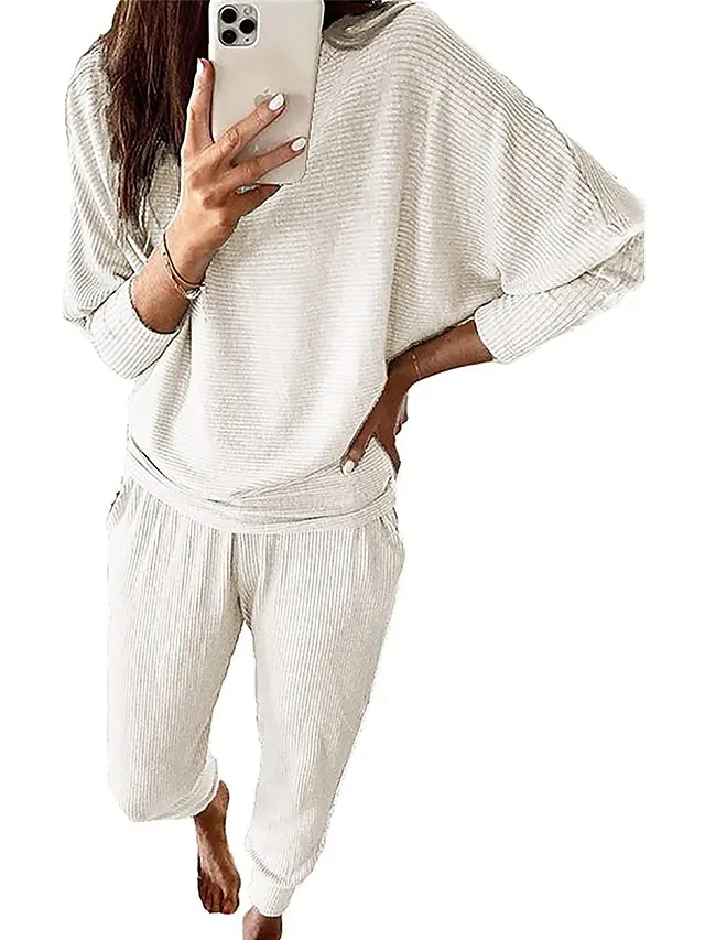 Women's Loungewear Sets Pure Color Fashion Casual Comfort Street Daily Date Polyester Breathable Crew Neck Long Sleeve Pant Summer Fall Black White
