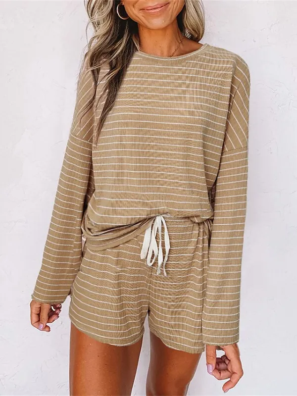 Women's Loungewear Sets 2 Pieces Stripe Fashion Casual Comfort Street Daily Date Polyester Breathable Crew Neck Long Sleeve Shorts Summer Fall Khaki