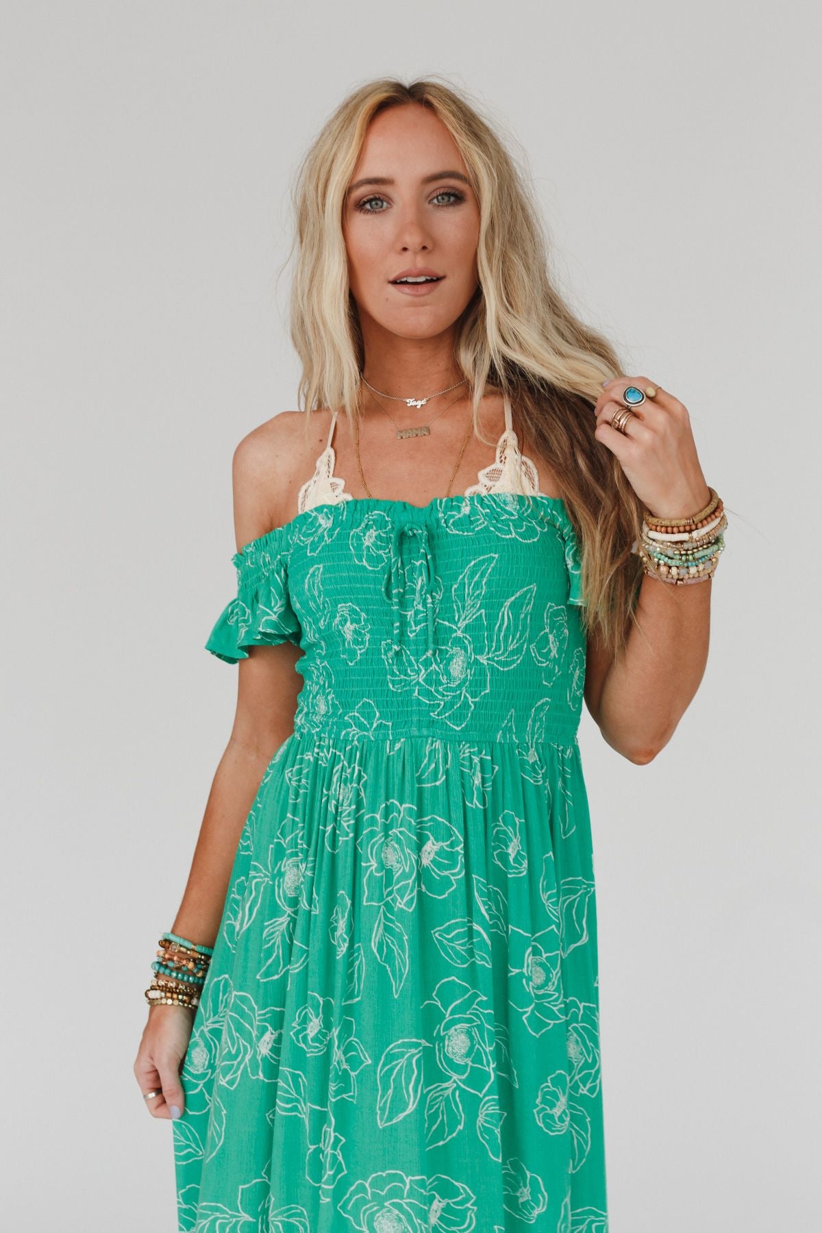 Blooming Love Off The Shoulder Maxi Dress - Green