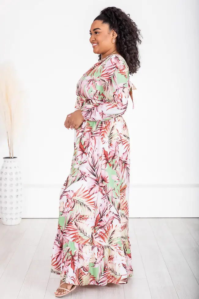 Where I Want To Be Pink and Green Tropical Printed Long Sleeve Maxi Dress