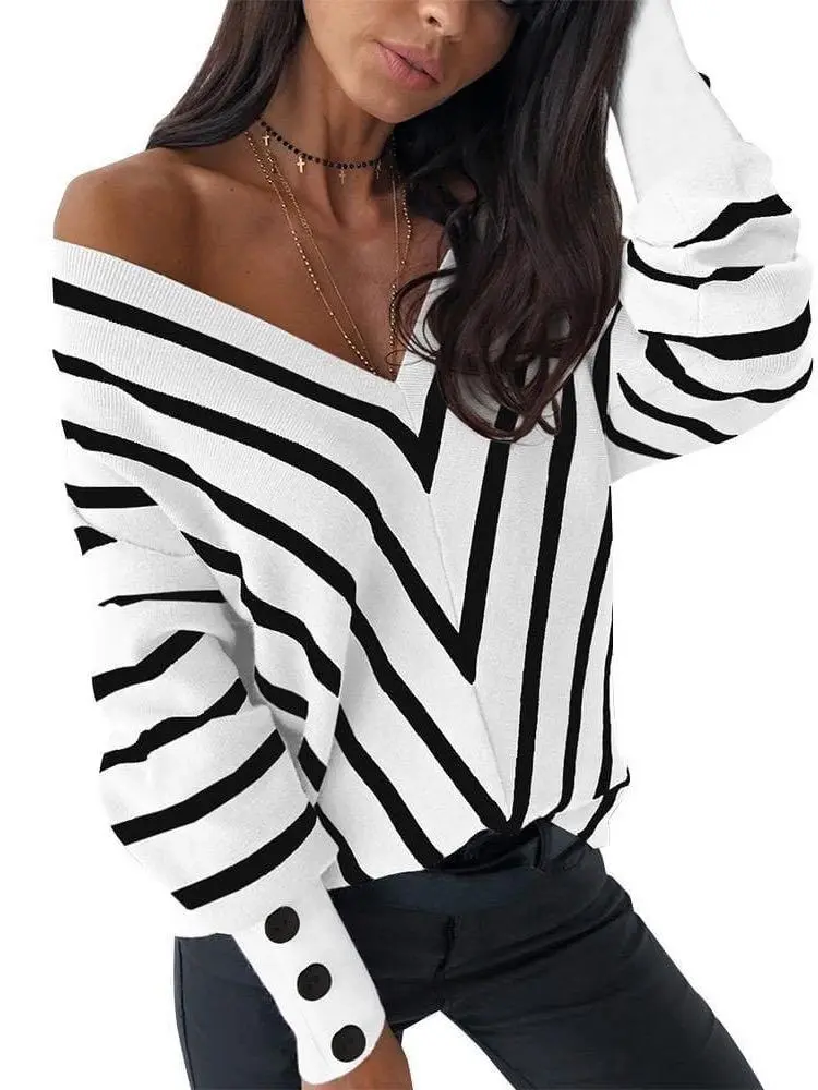New Women's Strapless Striped V-neck Sweater