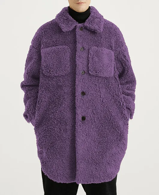 Turndown Collar Single-breasted Chest Pocket Double Layer Fuzzy Coat
