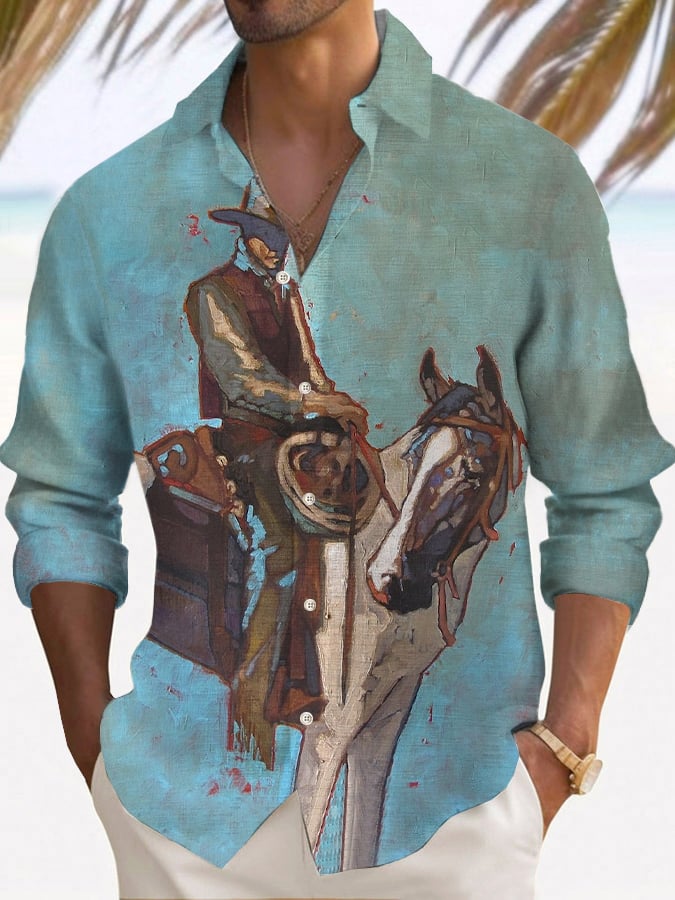 Abstract Western Print Men's Lapel Long Sleeve Shirt