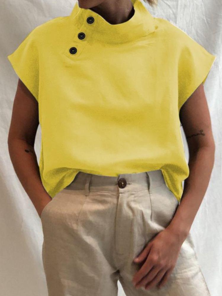 Sixteen Colors Short Sleeve Pullover Solid Color Open Button Top