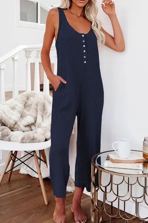 Fashion Casual Solid Sleeveless Buttons Pockets Slim Jumpsuit