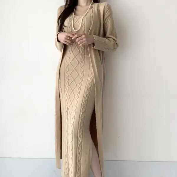 Fashion Women Sweater Suits 2022 Autumn Winter Solid Color Long Cardigan Sweater + Knitted Suspender Dress Two-Piece Sets