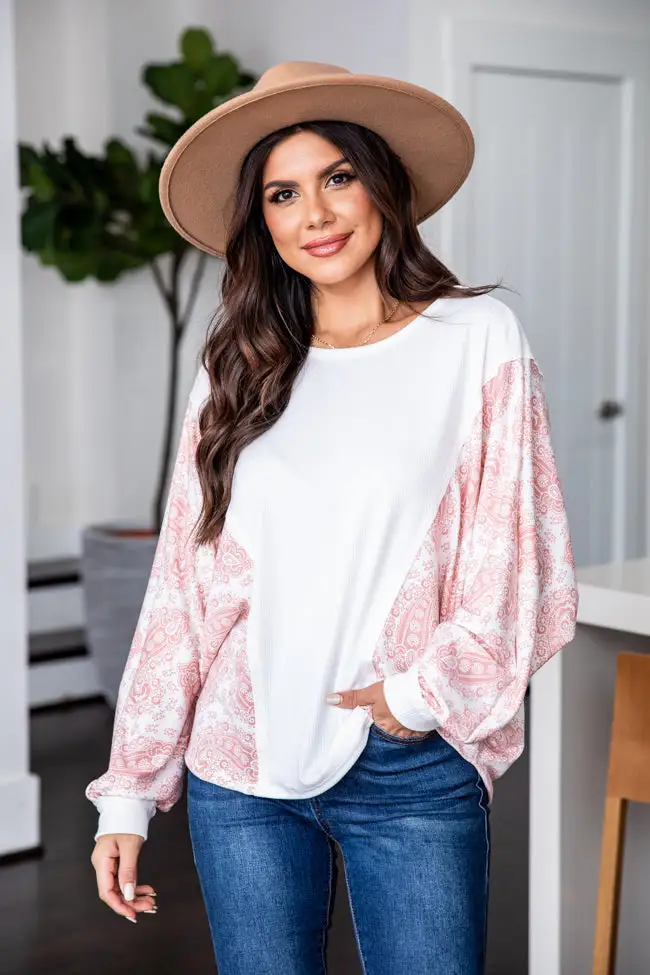 Point The Way Ivory And Pink Paisley Sleeve Blouse