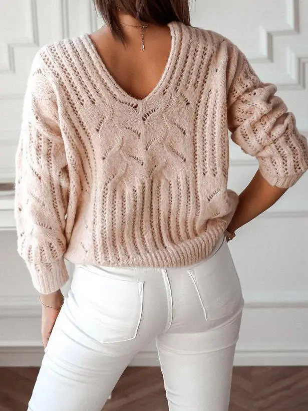 Women's Sweaters Casual V-Neck Off-The-Shoulder Knitted Sweater