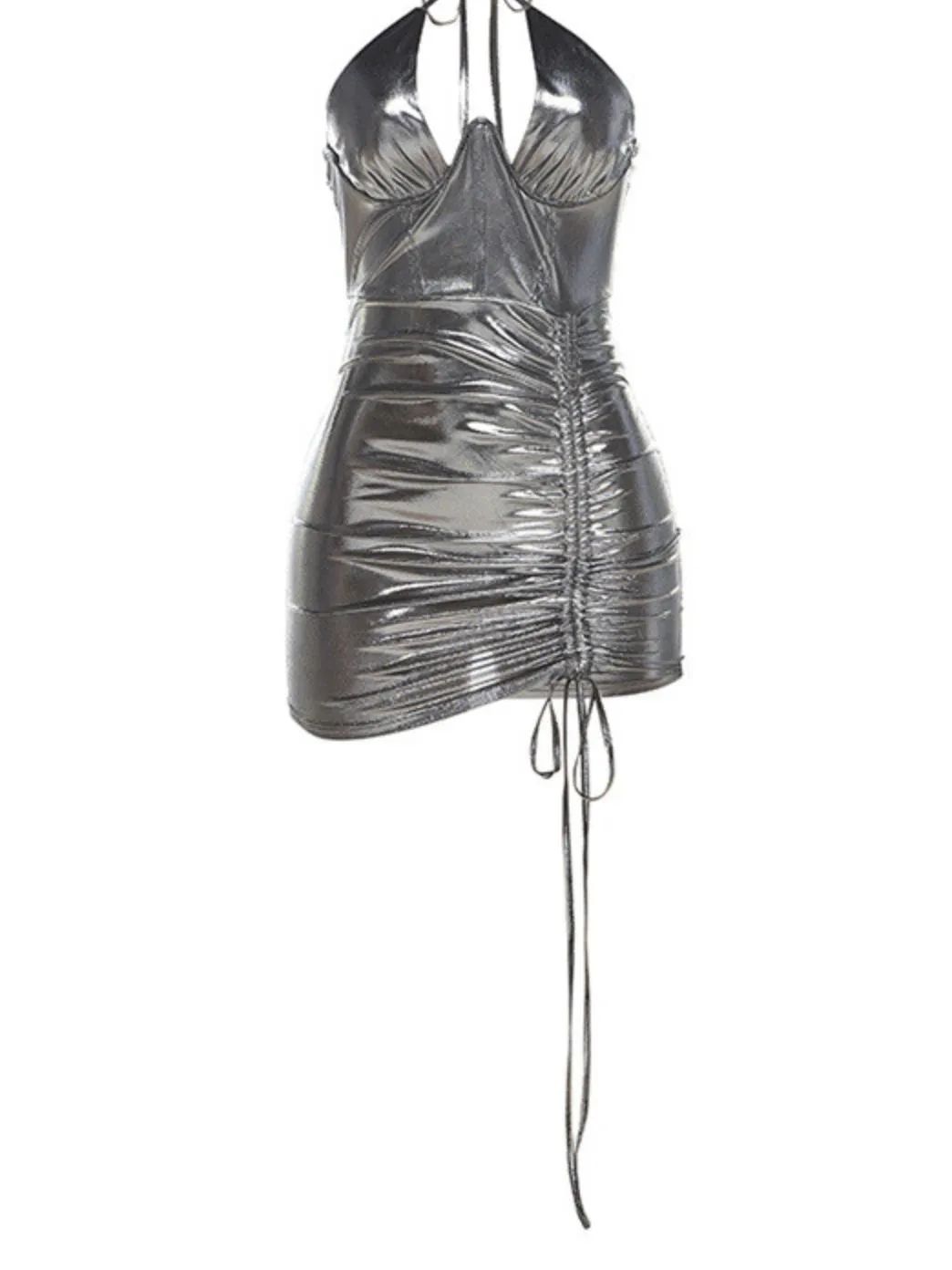 Bowen Metallic Ruched Mini Dress In Grey