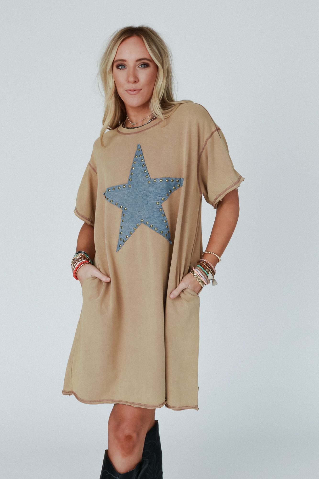Celestial Star Patch Tee Dress - Latte