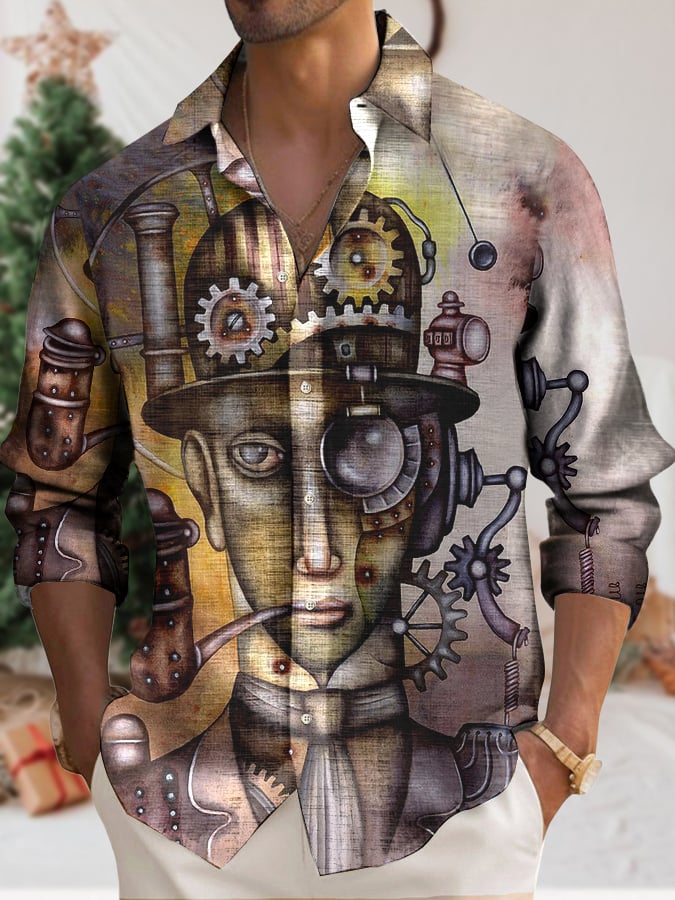 Men's Casual Geometric Portrait Print Shirt