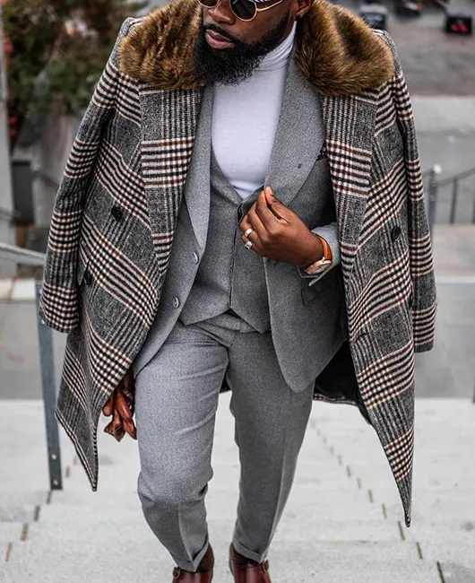 Retro Striped Plaid Fuzzy Collar Double-breasted Overcoat