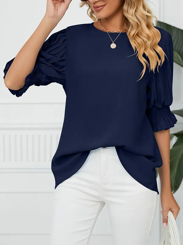 Pleated Solid Color Loose Puff Sleeves Round-Neck T-Shirts Tops