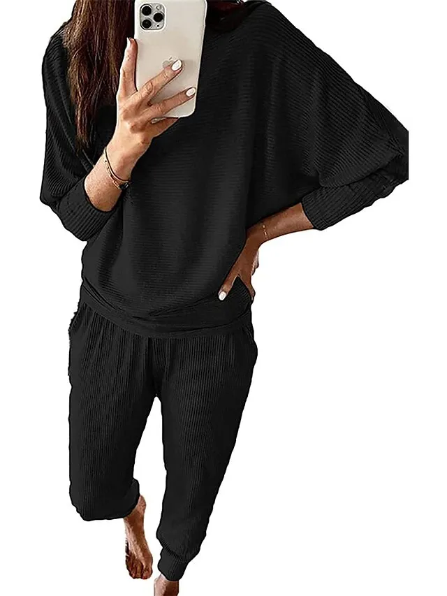 Women's Loungewear Sets Pure Color Fashion Casual Comfort Street Daily Date Polyester Breathable Crew Neck Long Sleeve Pant Summer Fall Black White