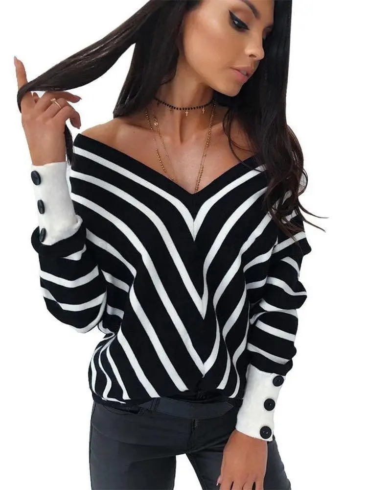 New Women's Strapless Striped V-neck Sweater