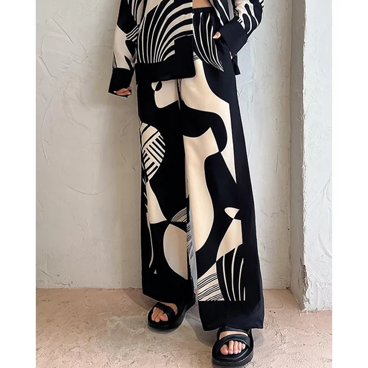 Black and white printed lapel loose two-piece set